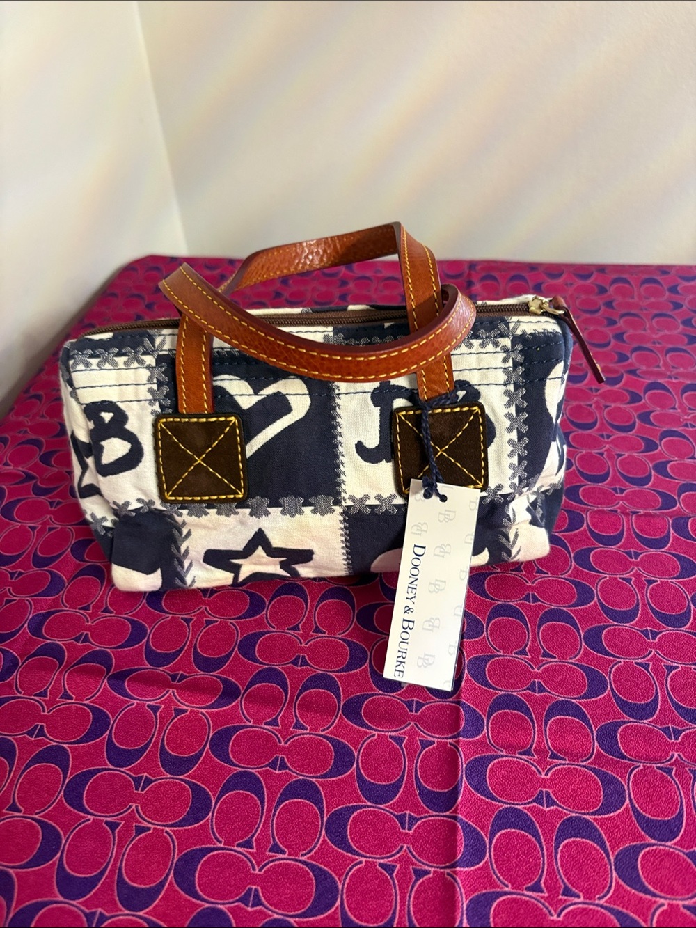 Dooney & Bourke Navy and White Patchwork Mini Satchel with Brown Leather Handles